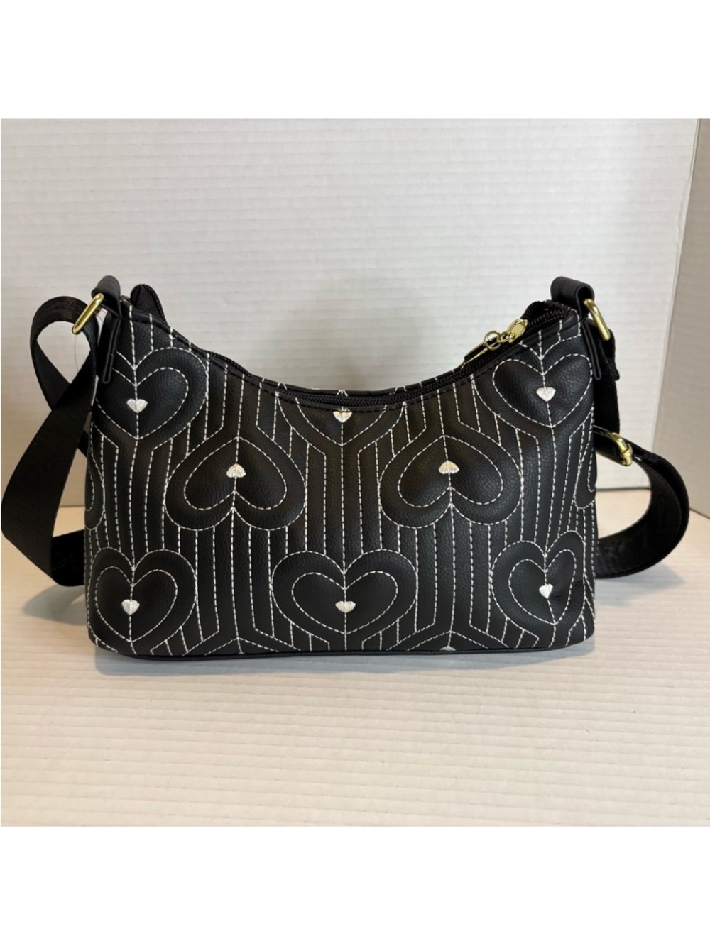 Betsey Johnson Black Quilted Heart Crossbody with Gold Hardware - Picture 6 of 10